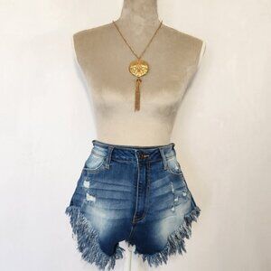 Aphrodite Women's Size 28 Medium Blue Denim Fray Hem High Rise Zip Jean Shots